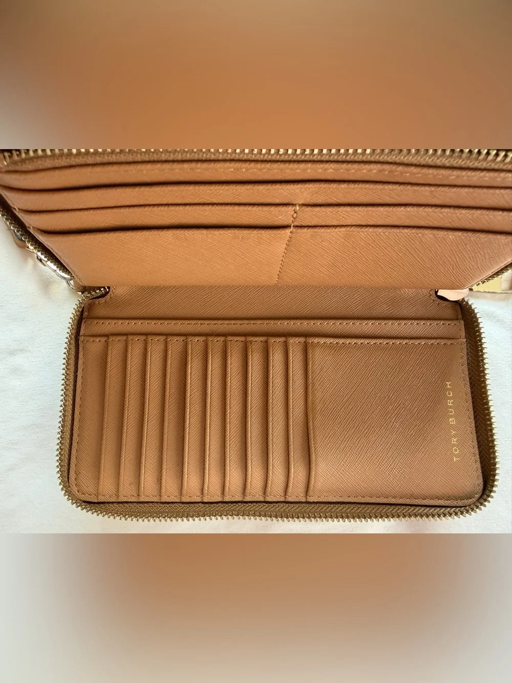 Tory Burch Camel Tan Saffiano Leather Zip Wristlet - Picture 3 of 4
